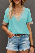 Green Lace Trim V Neck Short Sleeve Blouse