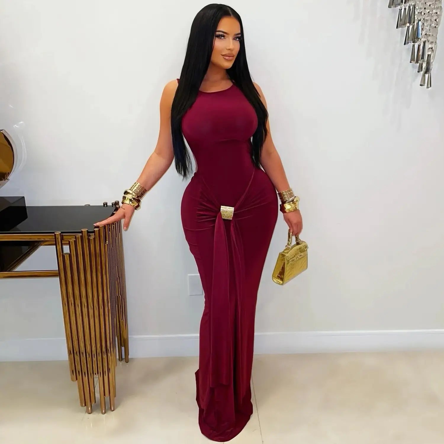 Fashion women’s elegant solid color slim backless dress