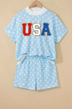 Sky Blue Polka Dot USA Chenille Lettering High Neck Short Sleeve Casual Shorts Set