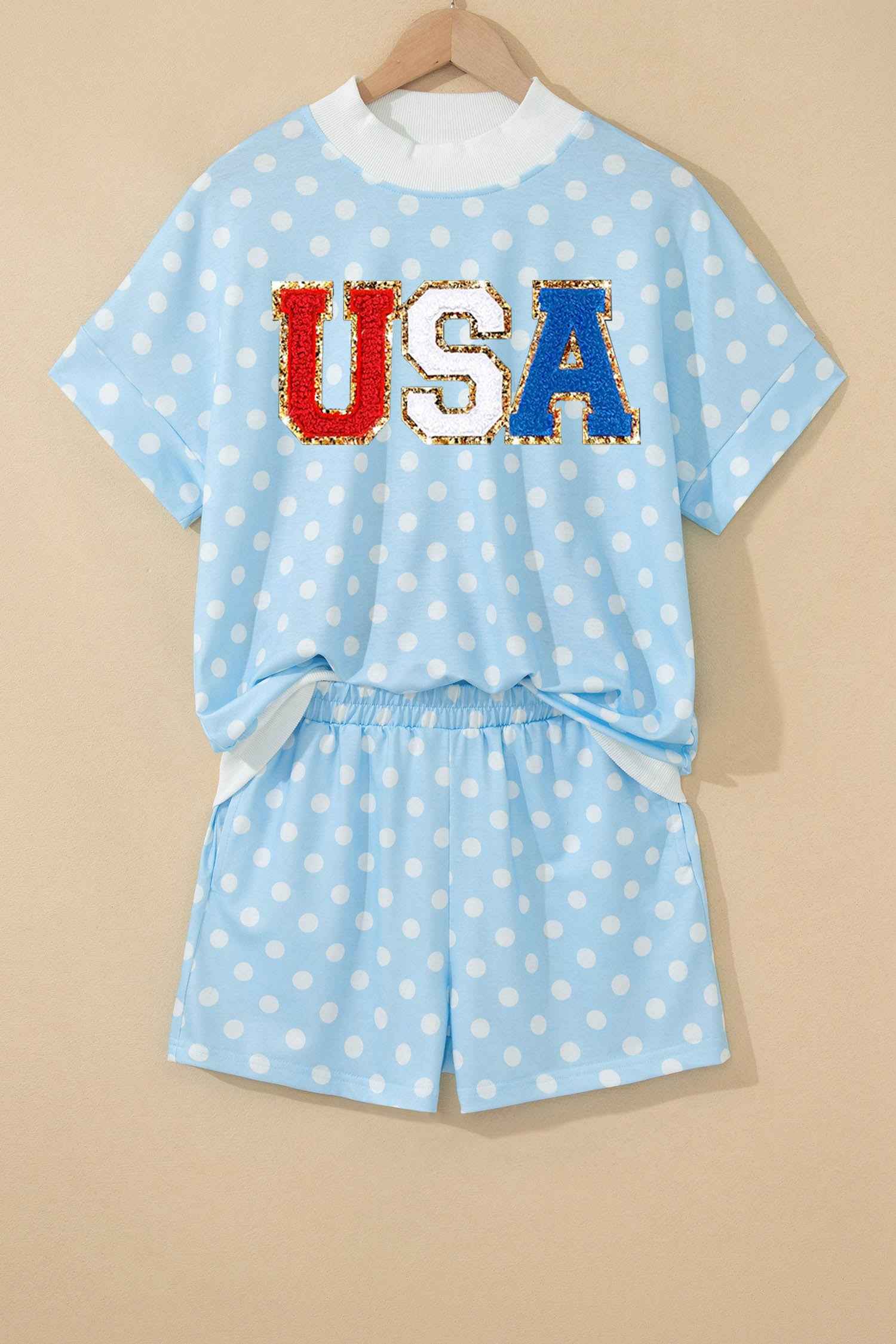 Sky Blue Polka Dot USA Chenille Lettering High Neck Short Sleeve Casual Shorts Set
