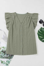Laurel Green Flutter Sleeve V Neck Shirt