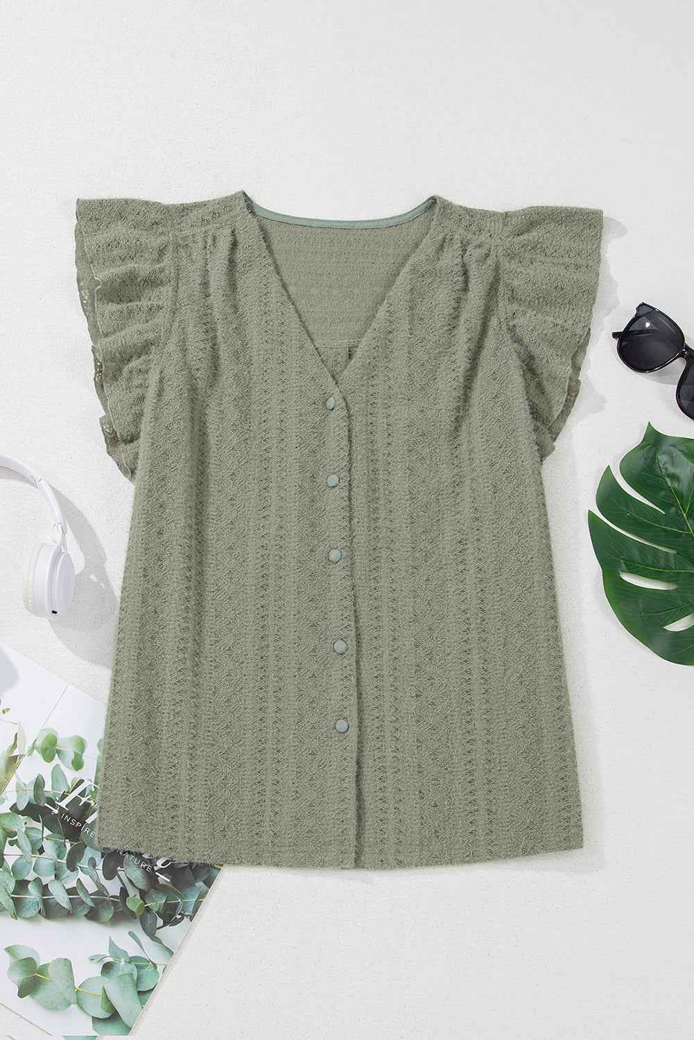 Laurel Green Flutter Sleeve V Neck Shirt