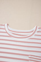 Pink Stripe Waffle Knit Pocket Half Sleeve Plus Size T Shirt