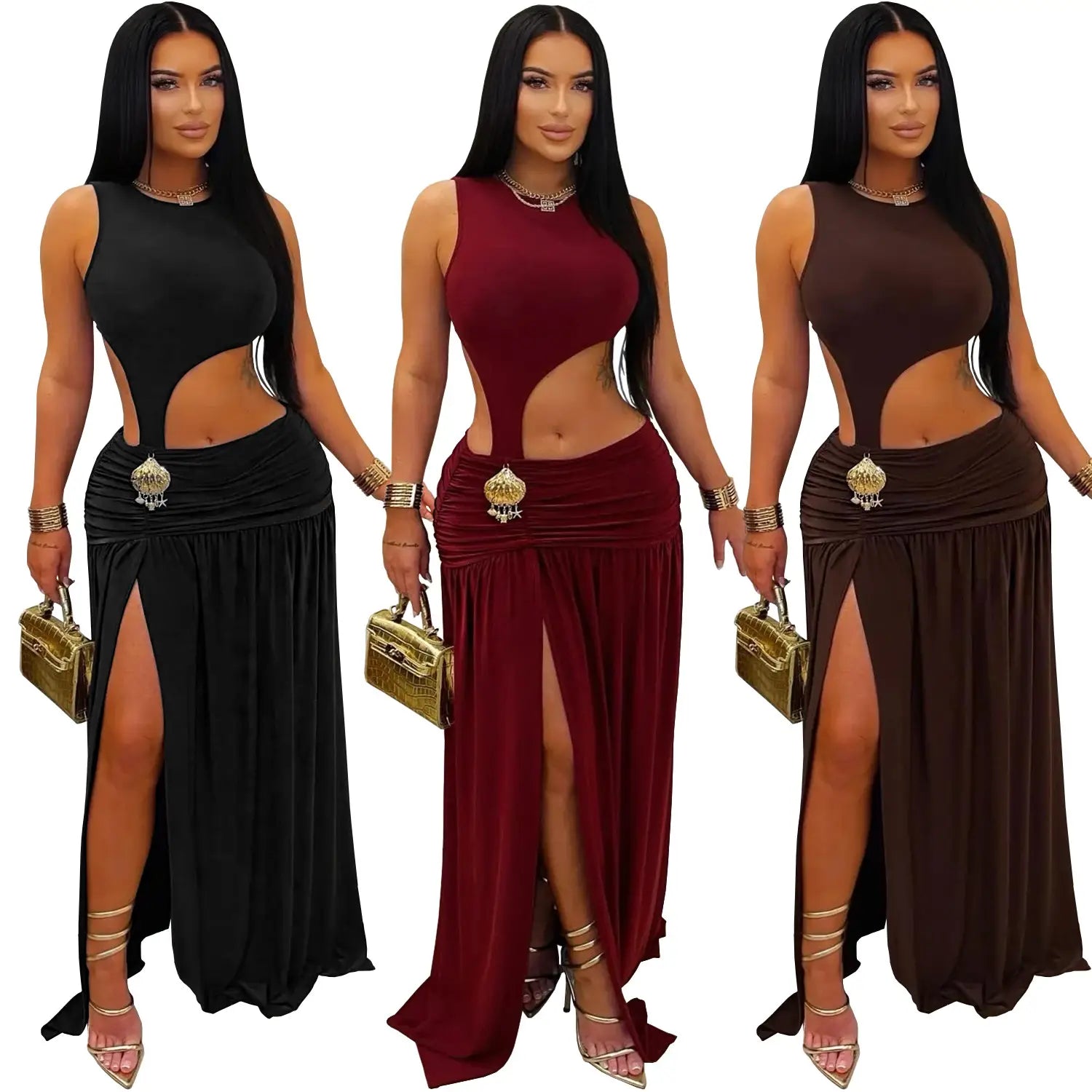 Fashion women’s sexy solid color sleeveless crop open fork dress