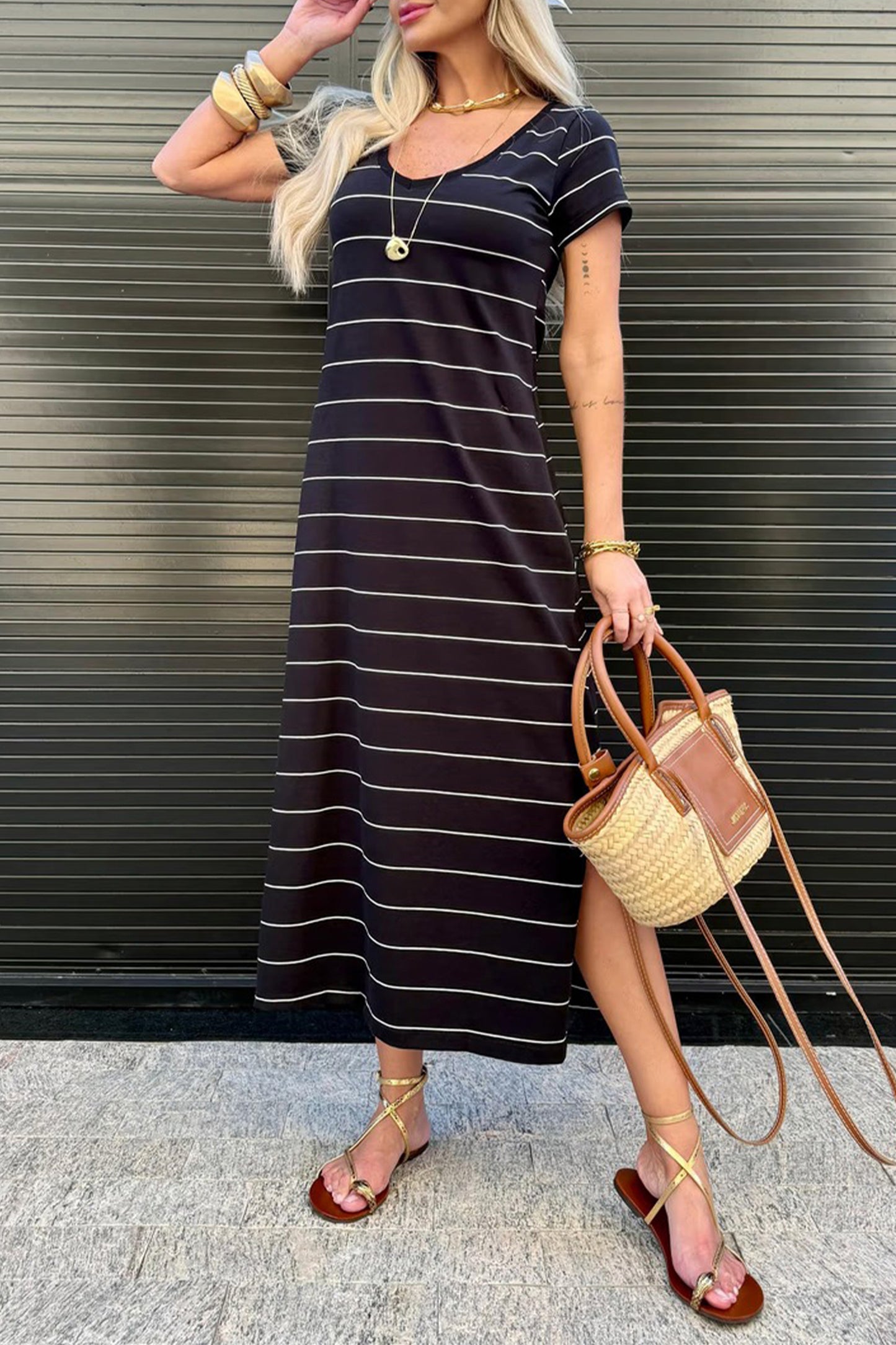 Khaki Stripe Casual Short Sleeve Side Slit Maxi T Shirt Dress