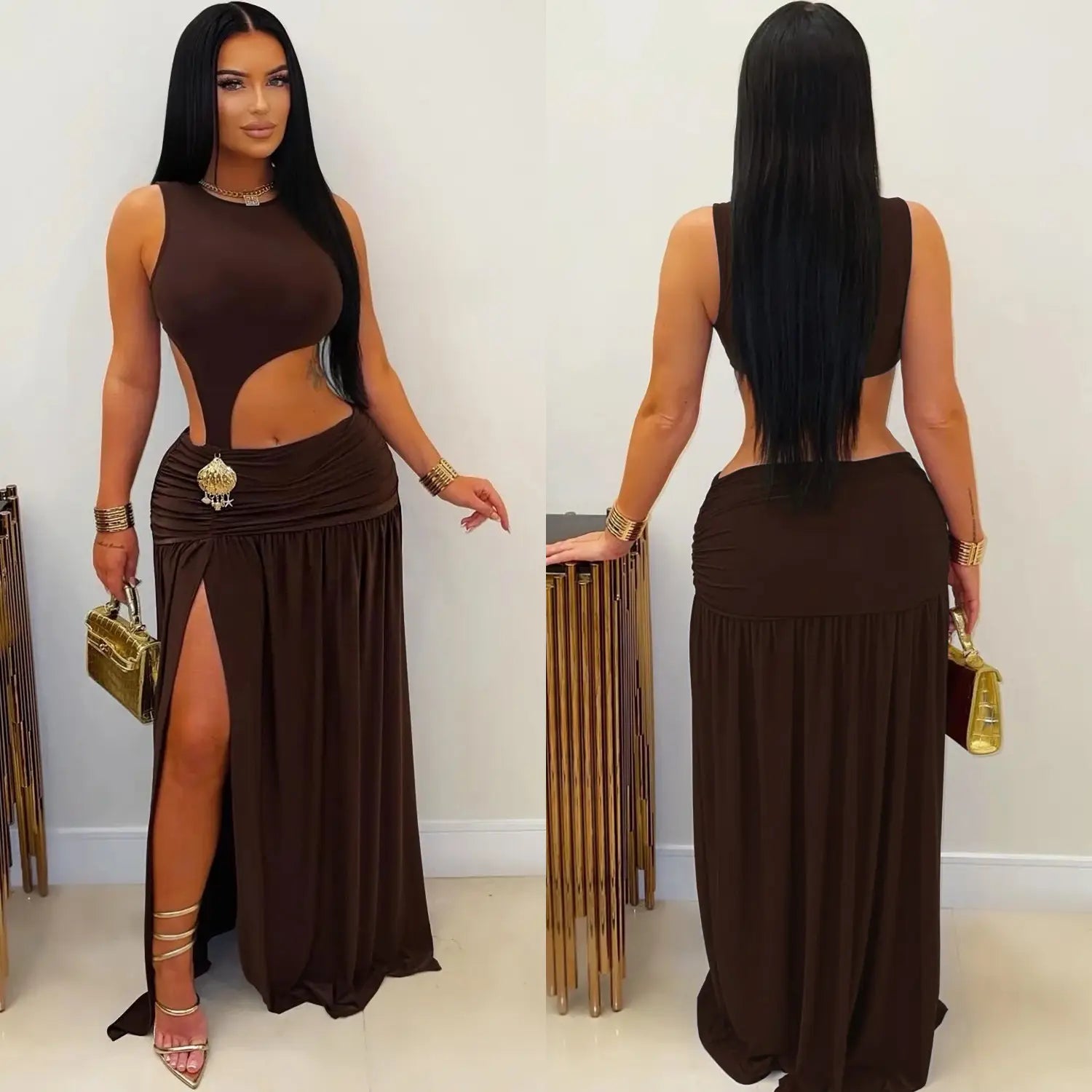 Fashion women’s sexy solid color sleeveless crop open fork dress