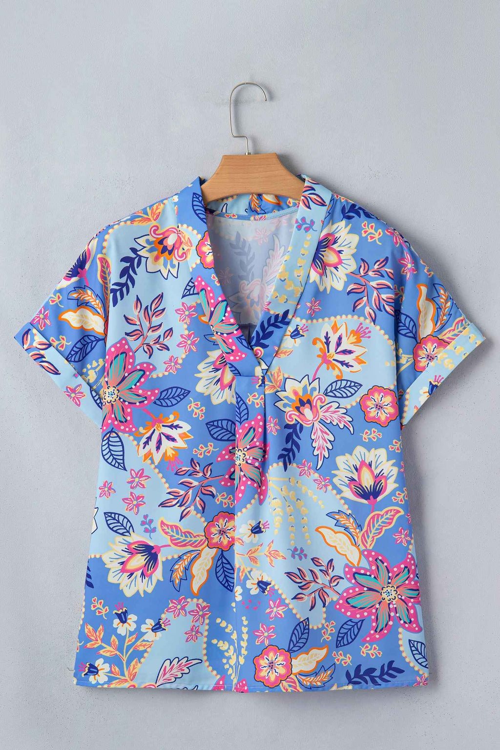 Purple Vacation Floral Print V Neck Short Sleeve Blouse