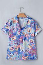 Purple Vacation Floral Print V Neck Short Sleeve Blouse