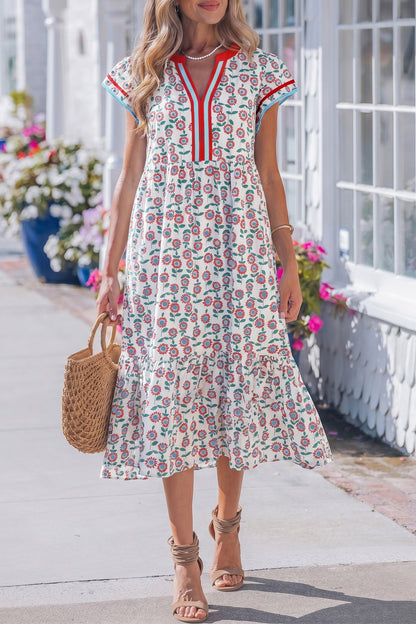 Sky Blue Cute Sunflower Printed Striped Patchwork Trim Flutter Sleeve Long Dress