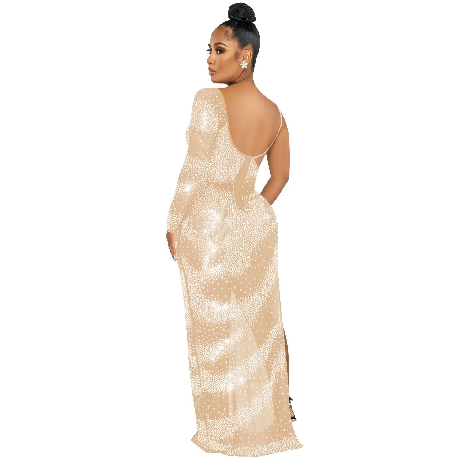 Fashion sexy nightclub rhinestone single long sleeve irregular slit maxi dress