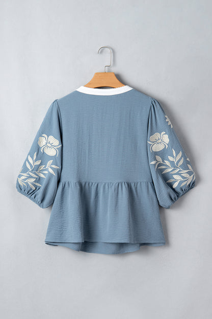 Smoke Green Color Block Patchwork V Neck Embroidered Puff Sleeve Babydoll Blouse