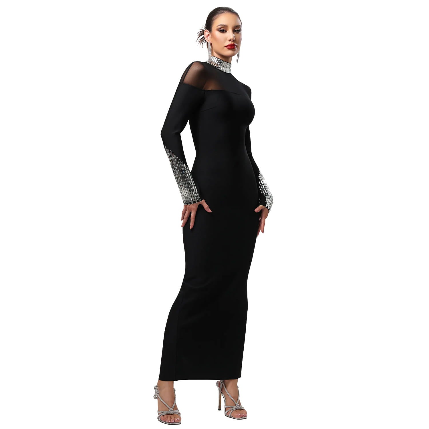 Elegant high neck long sleeve fitted sequined dress for women