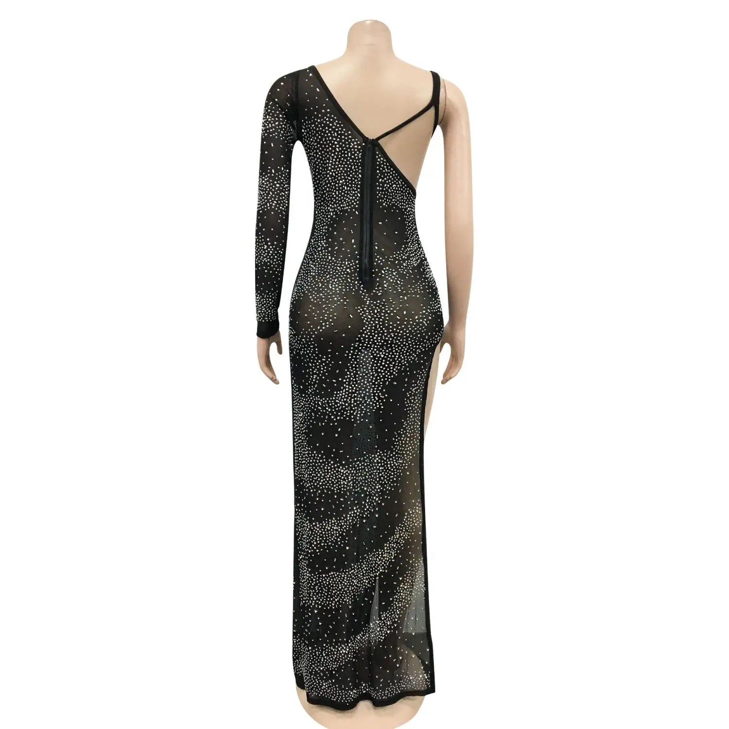 Fashion sexy nightclub rhinestone single long sleeve irregular slit maxi dress