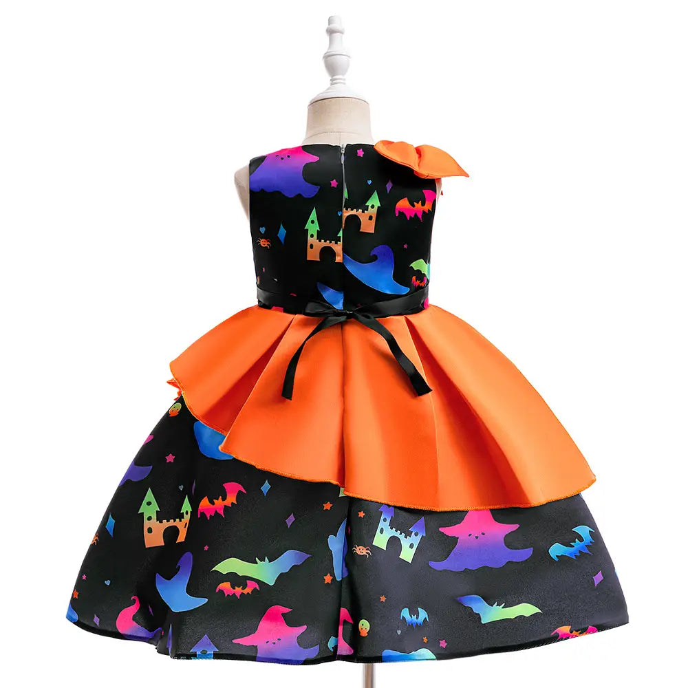 Halloween Princess Dress for Girls, Sleeveless Satin Formal Gown with Bowknot Tulle Skirt