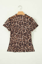 Camel Leopard Printed Mesh Short Sleeve Top