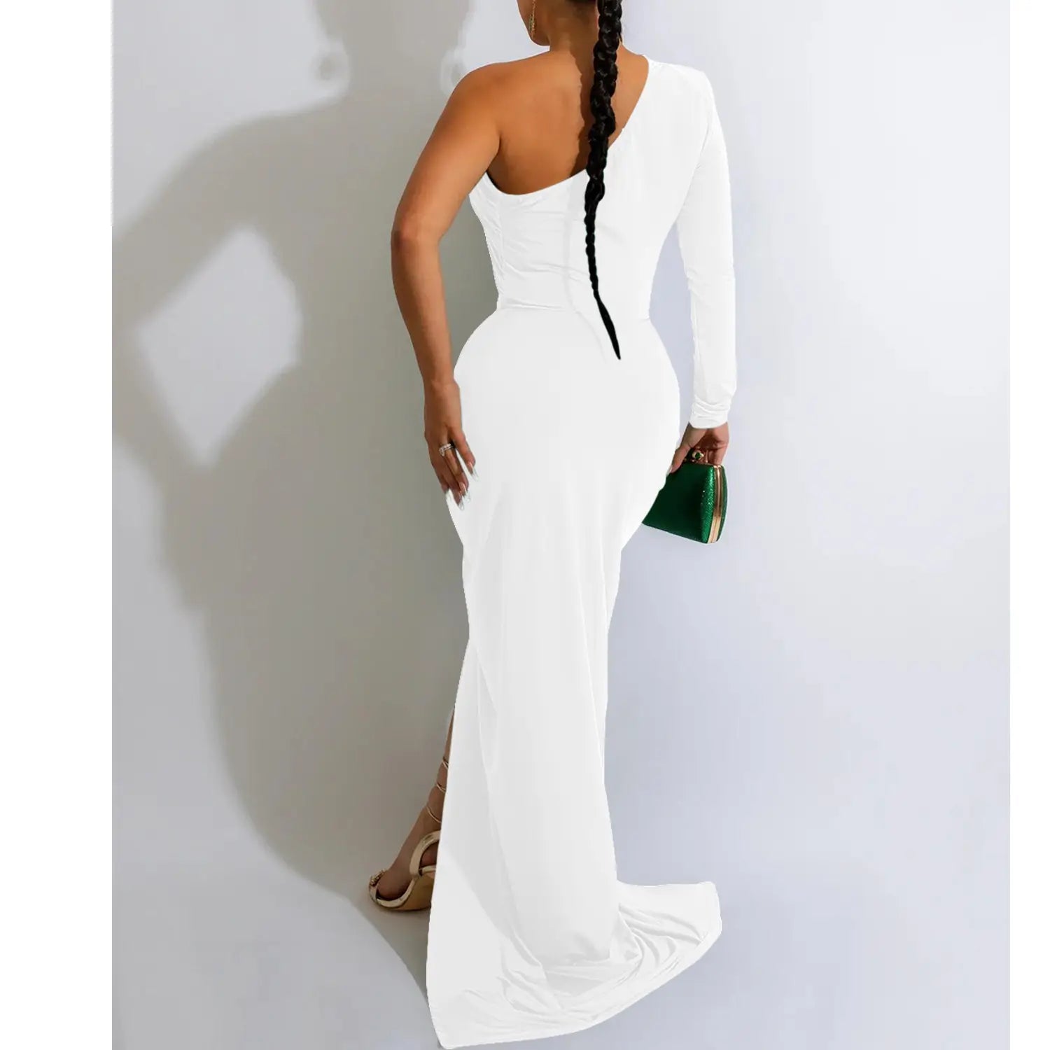 Fashion women’s solid color asymmetrical neck single long sleeve long dress with pleats