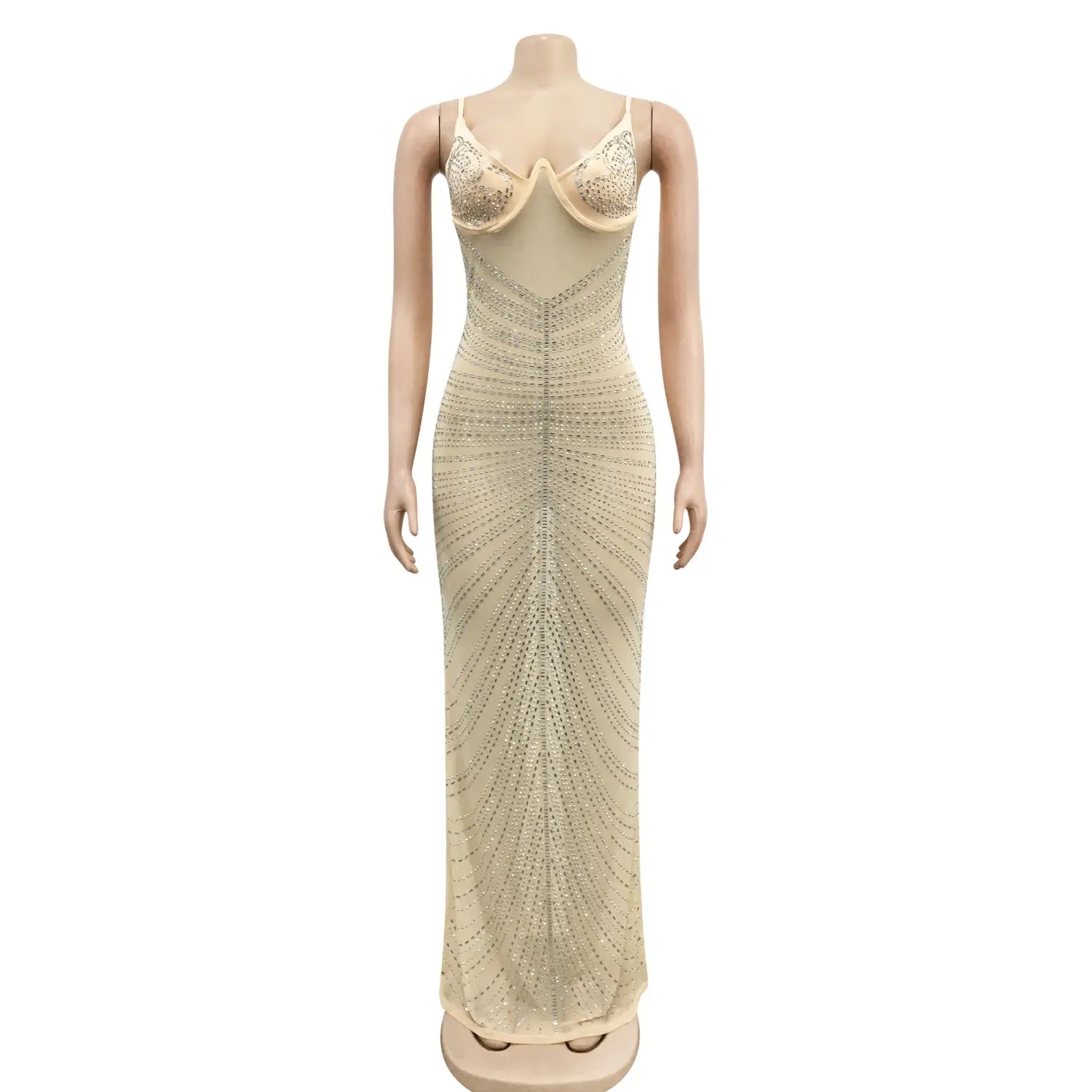 Fashion sexy beaded strapless sheer mesh long dress