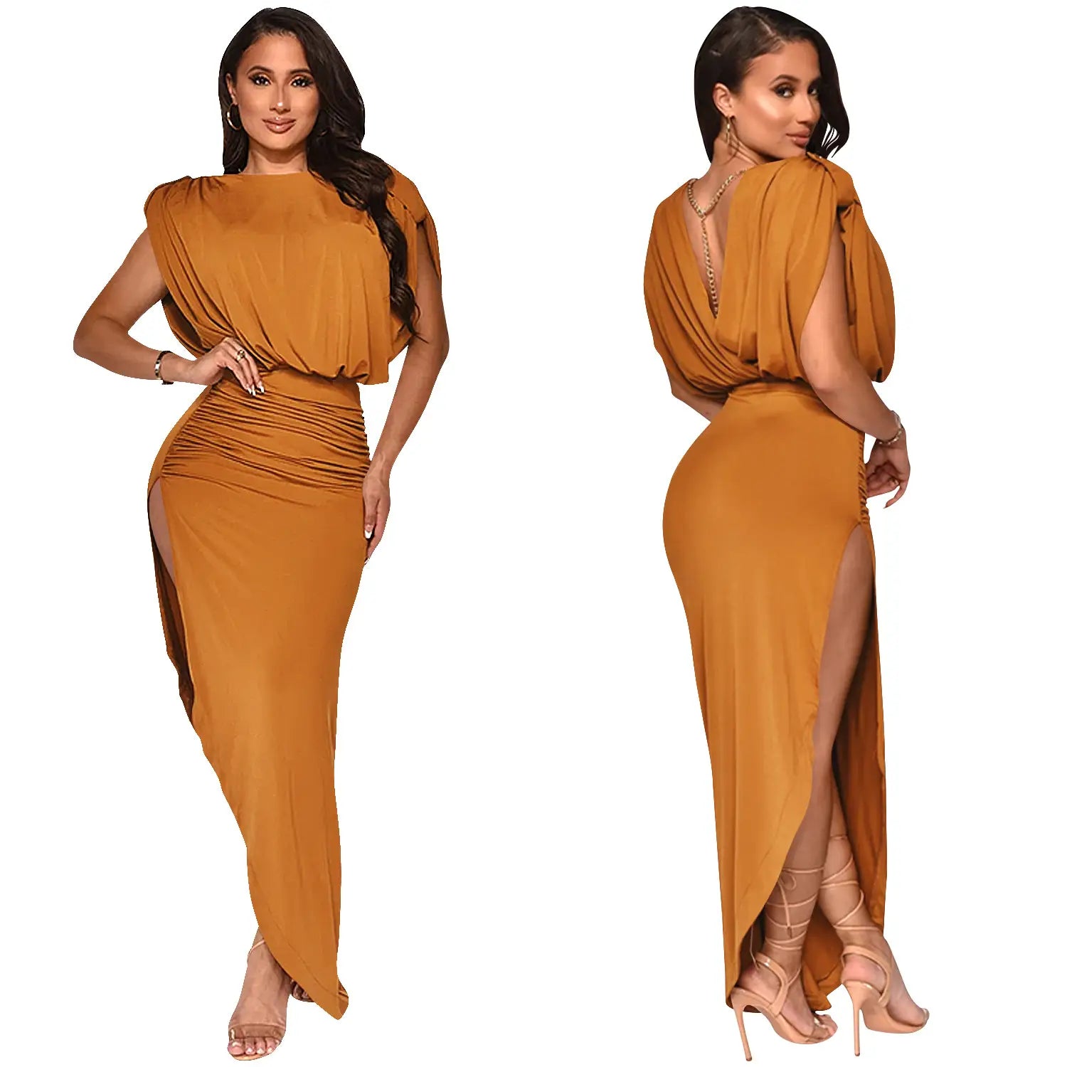 Fashion solid color women’s round neck sleeveless pleated asymmetrical slit long dress