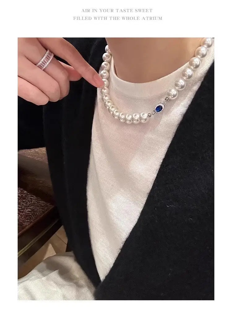 Natural mother-of-pearl pearl necklace silver blue gem clasp high luster premium quality pearl australian white necklace