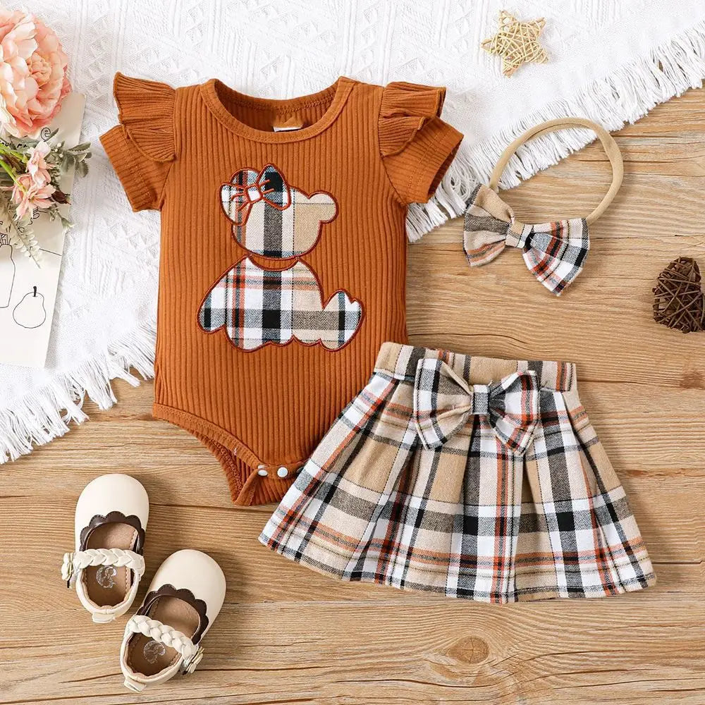 Newborn baby girl summer style teddy bear sticker embroidery bag fart triangle ha clothes plaid butterfly