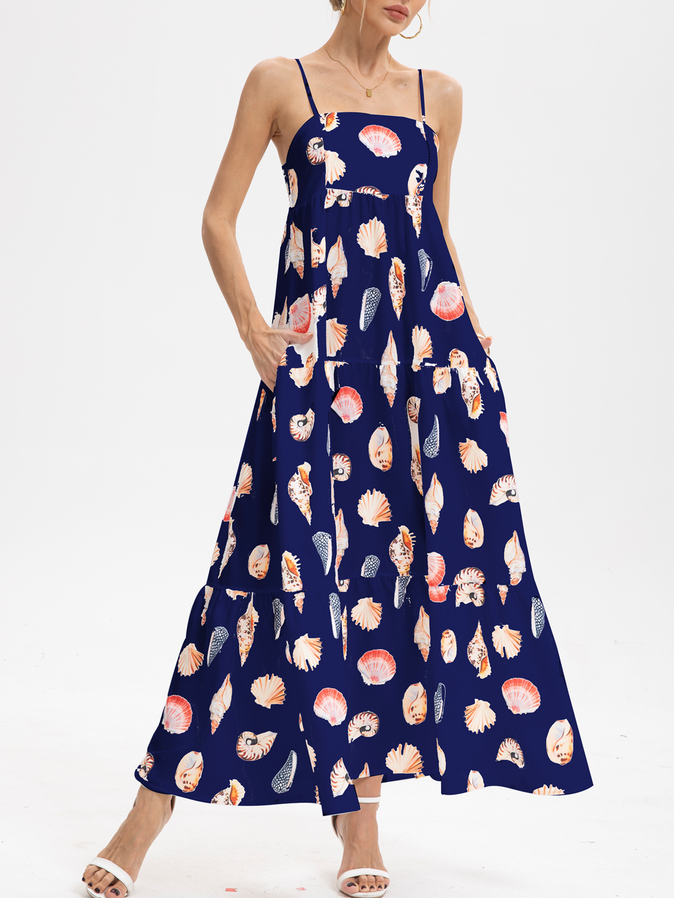 Style Summer New Strap Printed Layered Dress Seashell Print Pocket Dress for Women