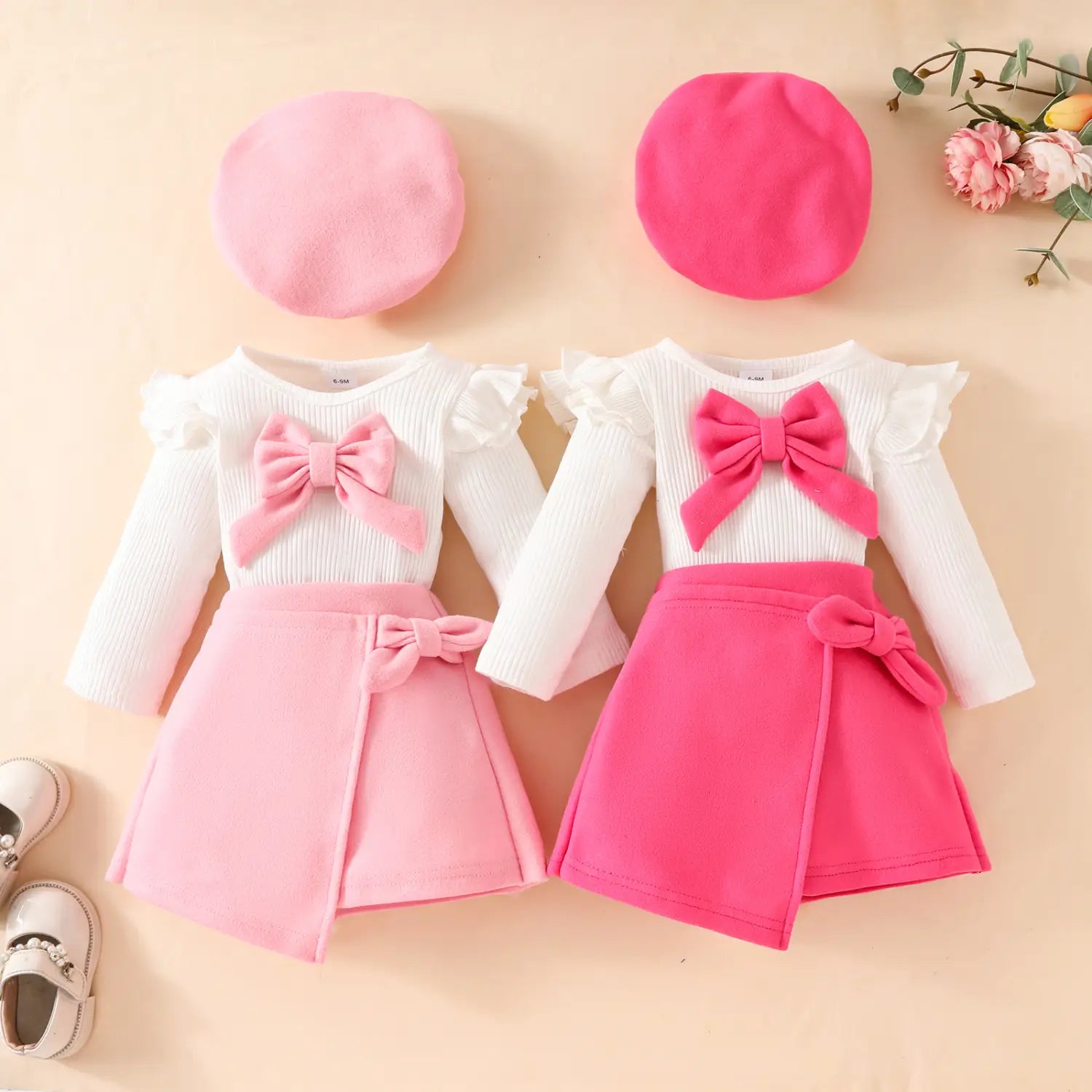 Fashion step girl big bow beret long sleeve top with velvet half skirt autumn/winter 3-piece set