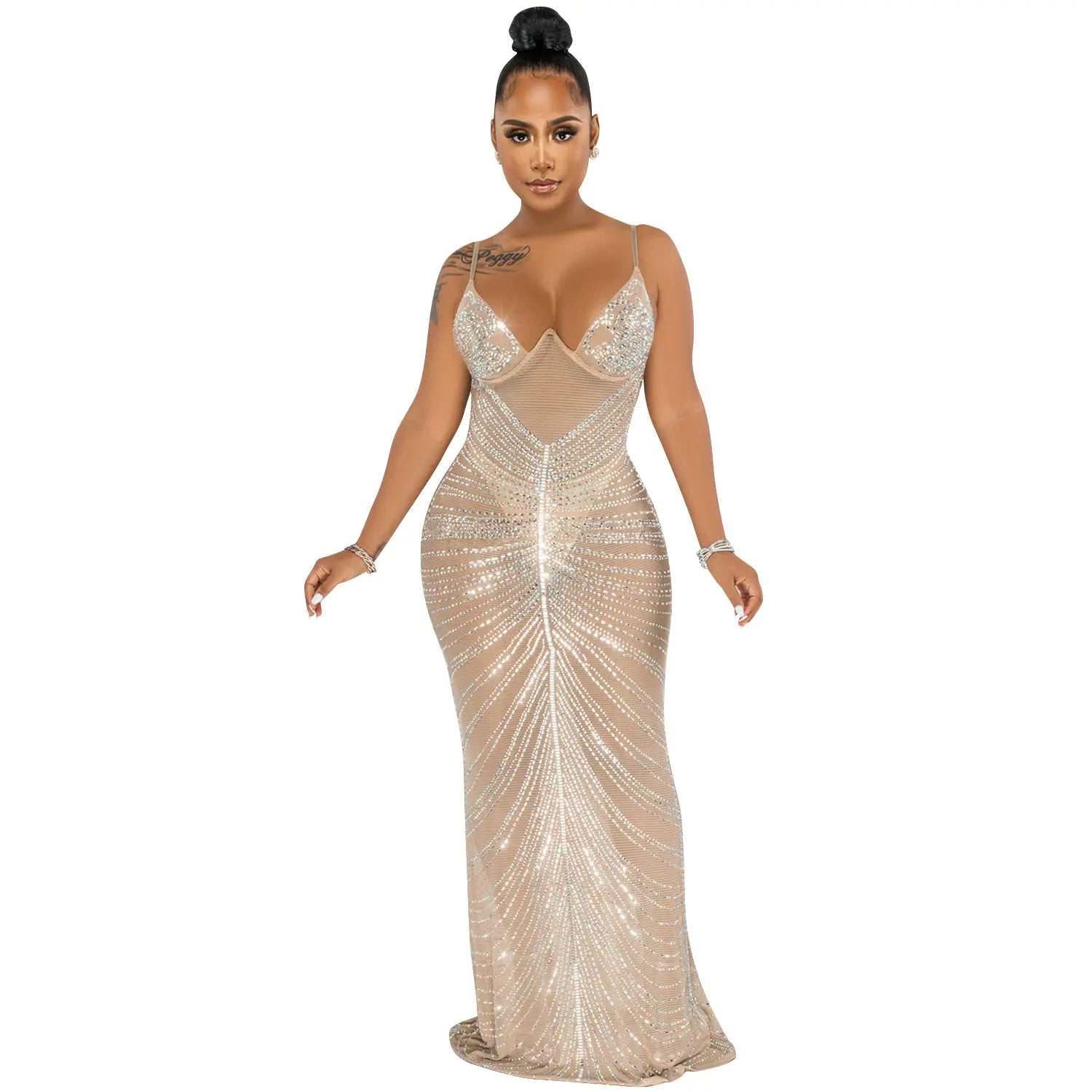 Fashion sexy beaded strapless sheer mesh long dress