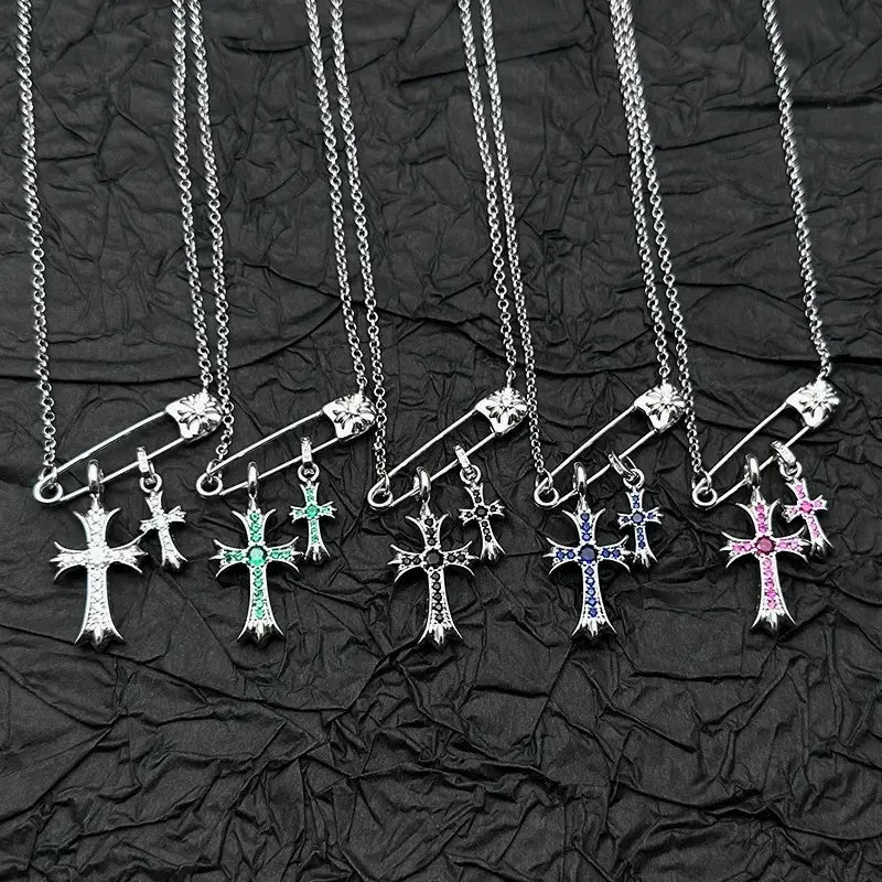 925 silver plated white gold rhinestone pin double cross pendant necklace for men and women european and american style