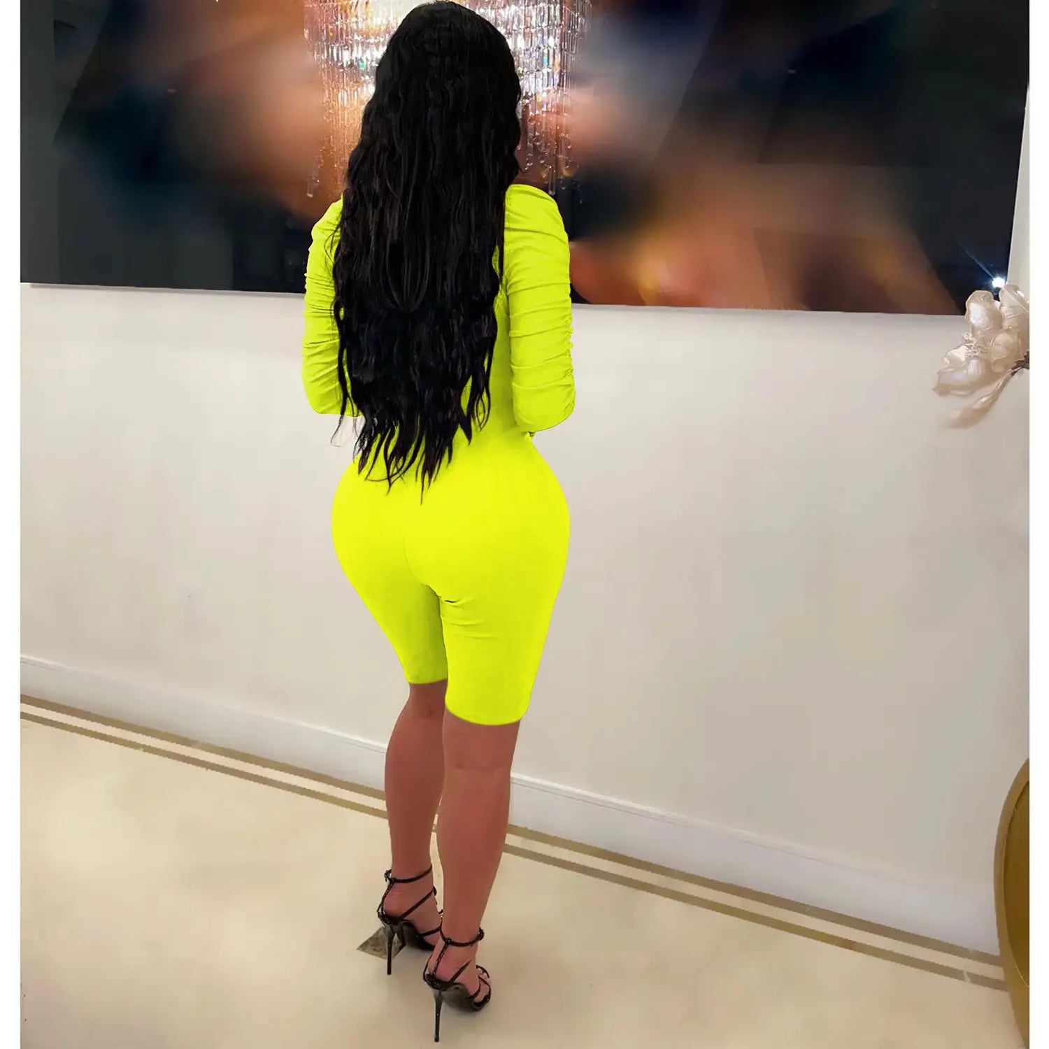Fashion women’s solid color long sleeve short pants mesh sheer jumpsuit