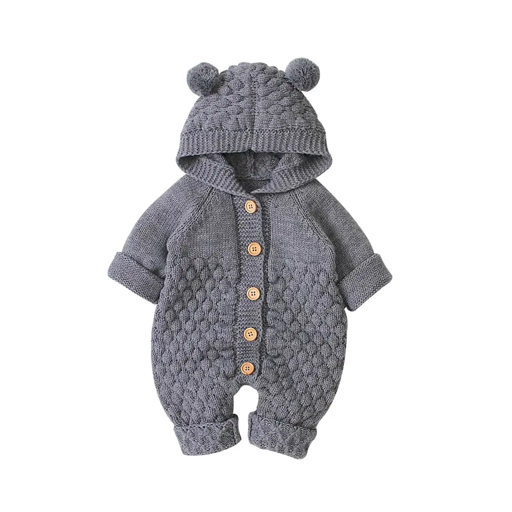 Children’s three-dimensional fur ball hooded solid color knitted jumpsuit