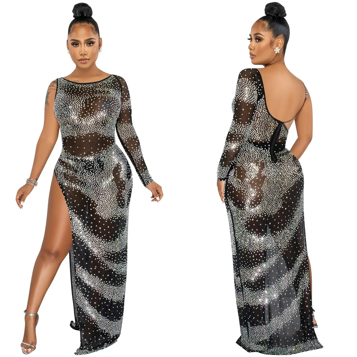 Fashion sexy nightclub rhinestone single long sleeve irregular slit maxi dress