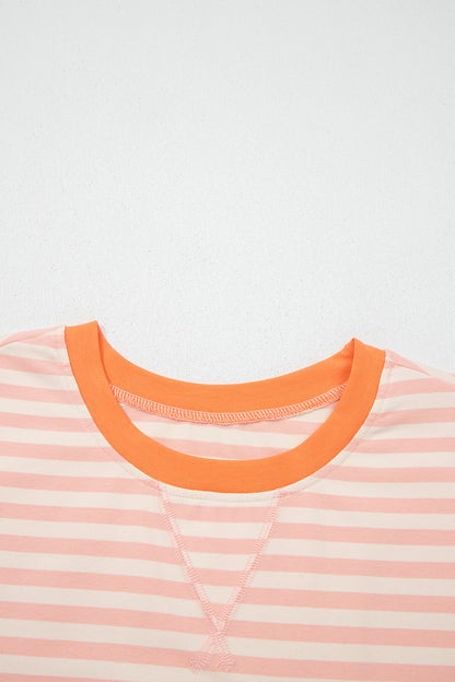 Yellow Stripe Contrast Neck Loose Tee and Drawstring Shorts Set
