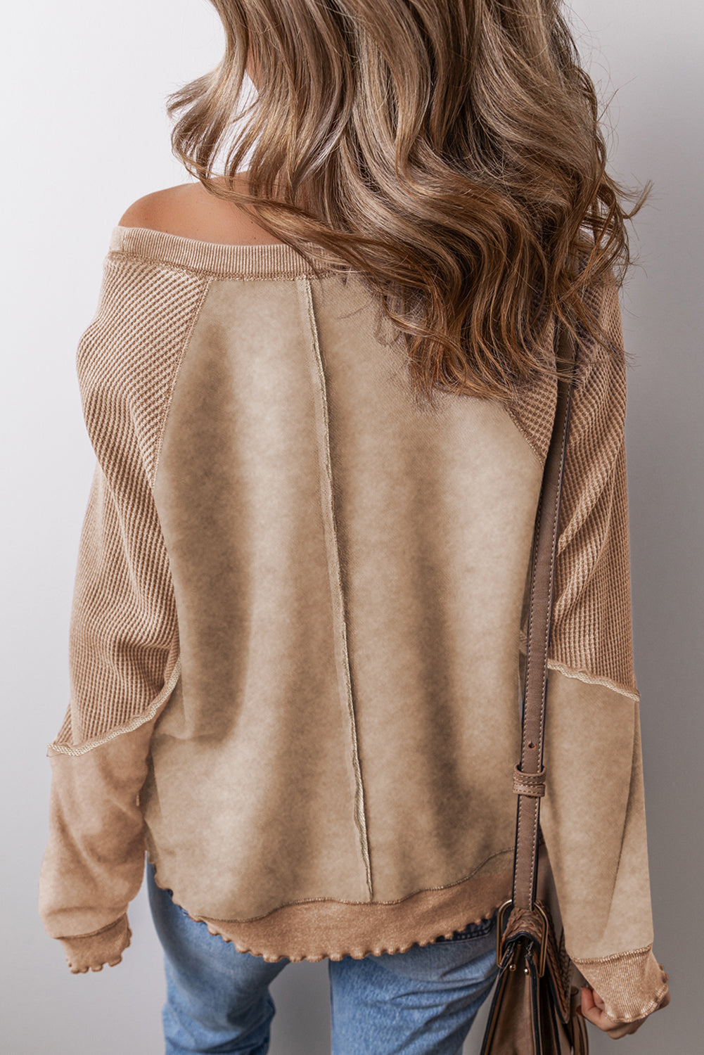 Mineral Blue Waffle Patchwork Raglan Sleeve Exposed Seam Sweatshirt