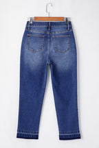 Dark Blue Whiskered Wash Raw Hem Cropped Jeans