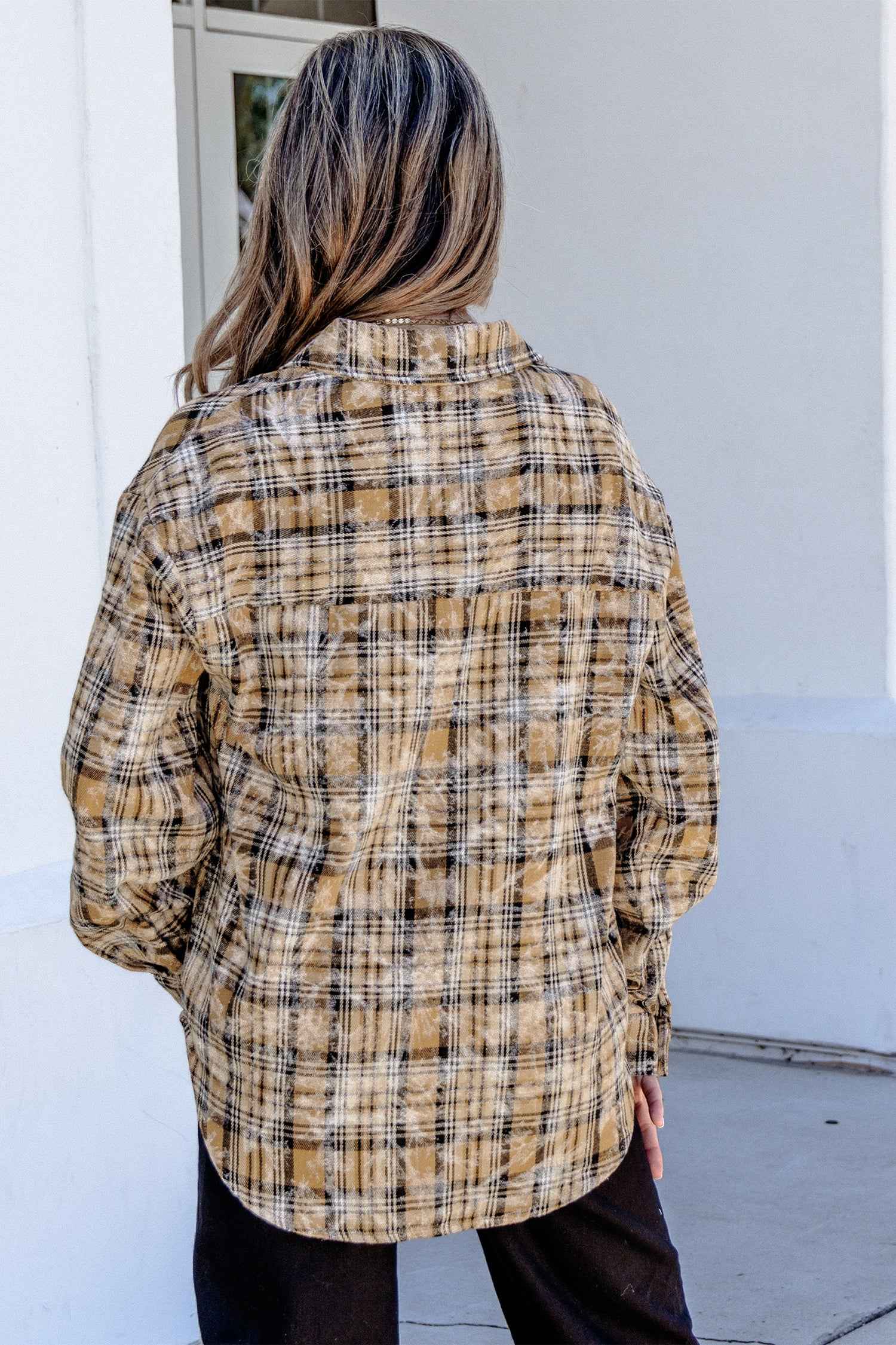 Brown Retro Plaid Long Sleeve Button Down Shirt