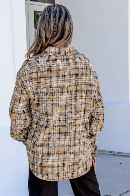 Brown Retro Plaid Long Sleeve Button Down Shirt
