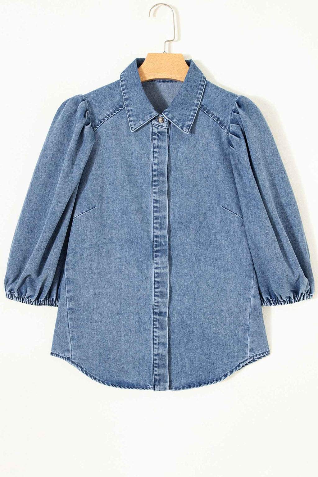 Blue Puff Half Sleeve Collared Denim Shirt