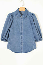 Blue Puff Half Sleeve Collared Denim Shirt