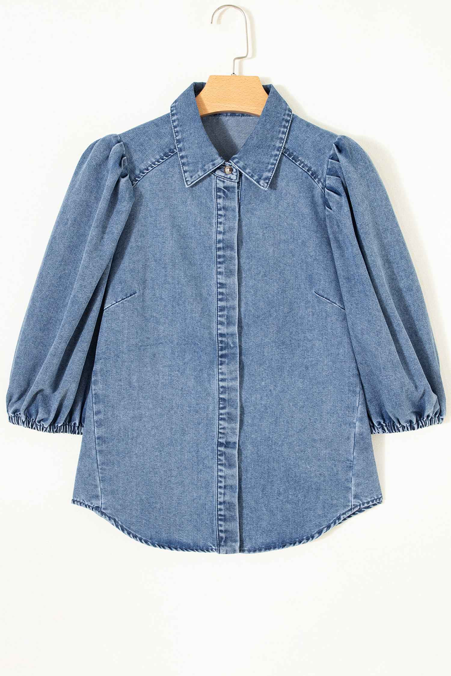 Blue Puff Half Sleeve Collared Denim Shirt