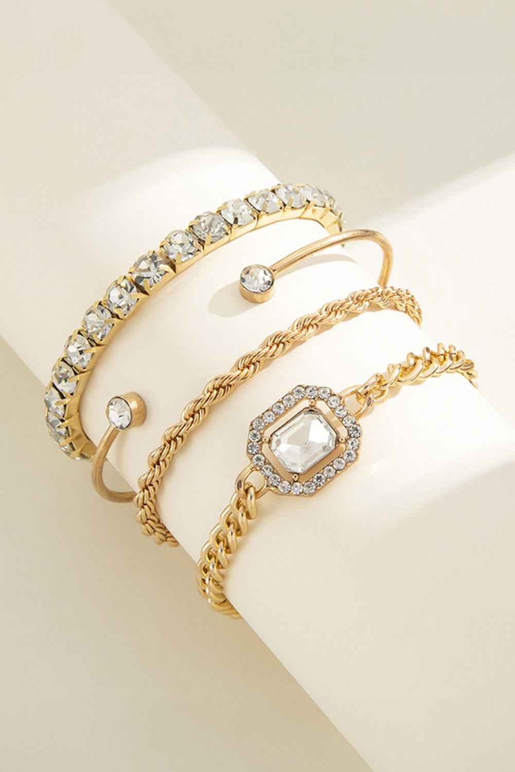 Gold 4pcs Diamond Chained Braided Bangle Bracelet Set