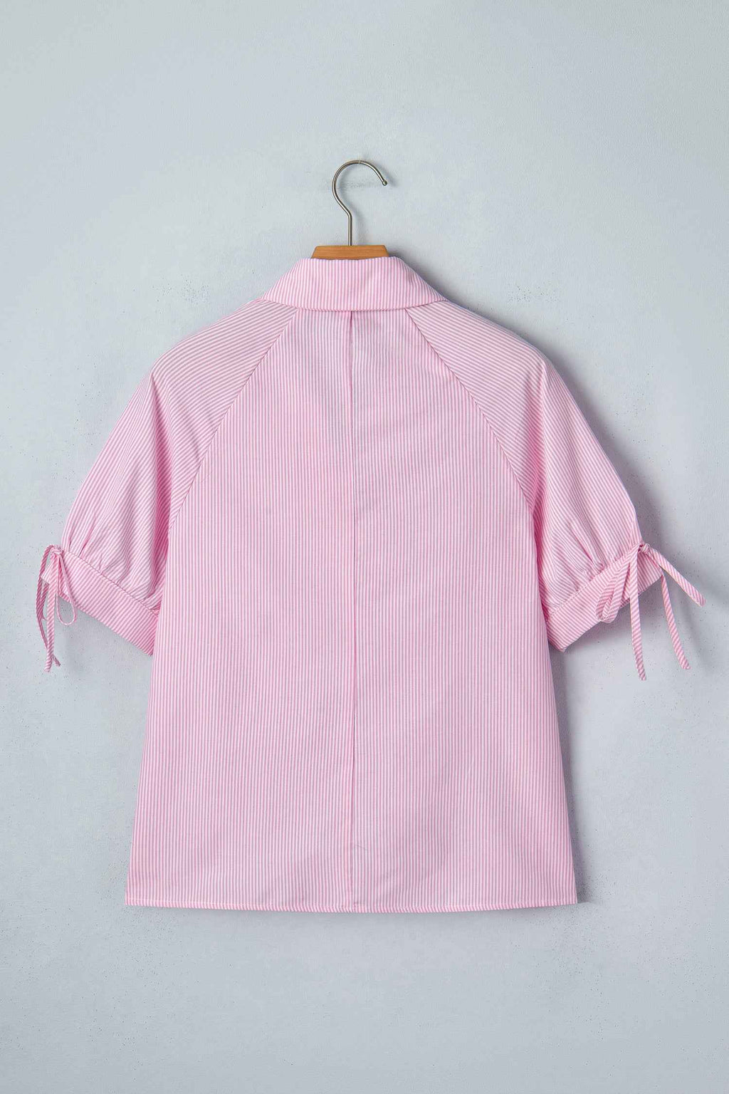Pink Striped Print Collared Split Neck Half Sleeve Blouse