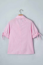 Pink Striped Print Collared Split Neck Half Sleeve Blouse