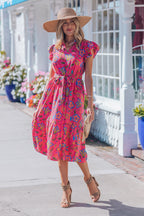 Rose Flutter Sleeve Belted Floral Long Dress