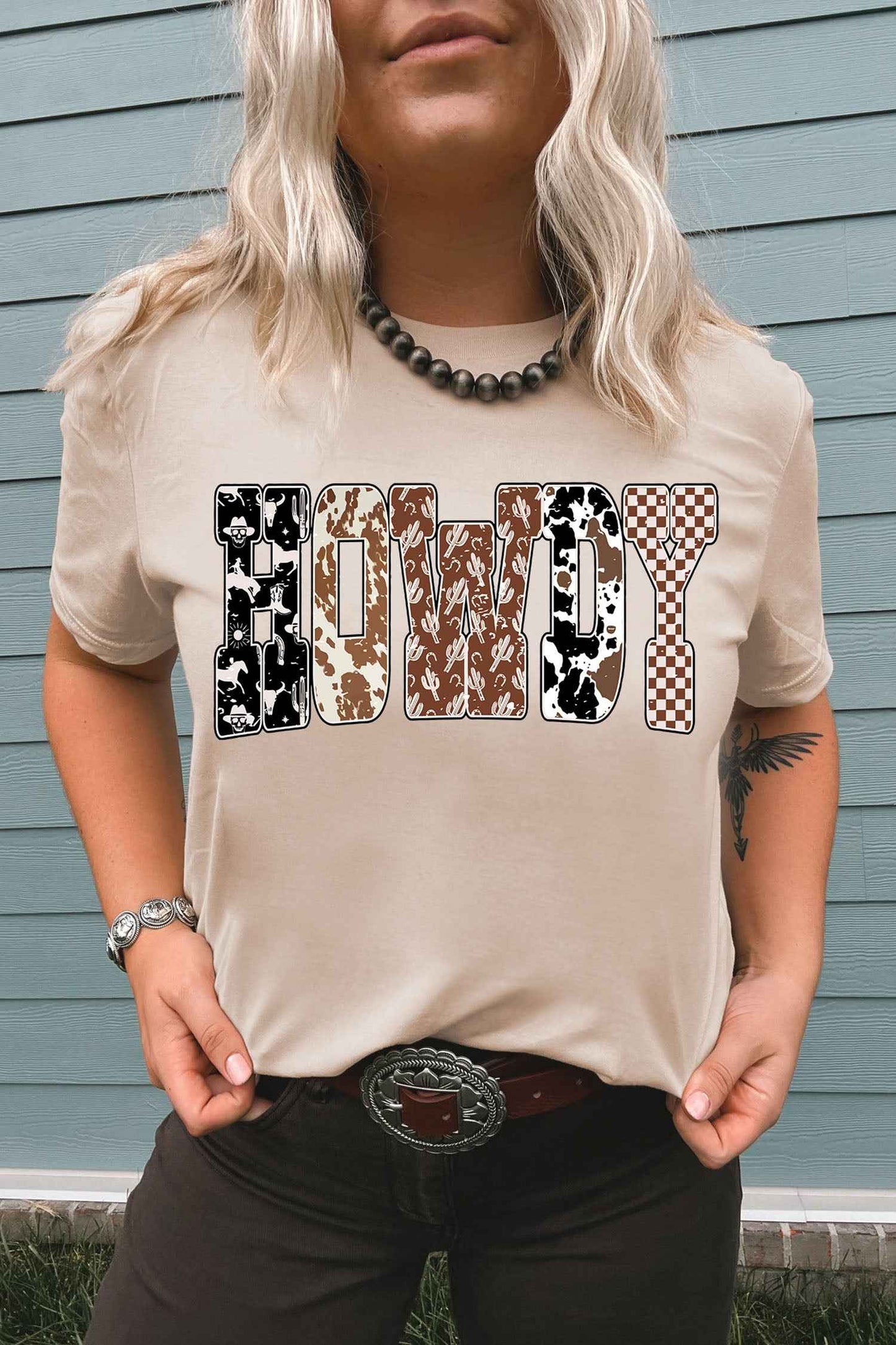 Khaki Western HOWDY Slogan Casual Graphic T-Shirt
