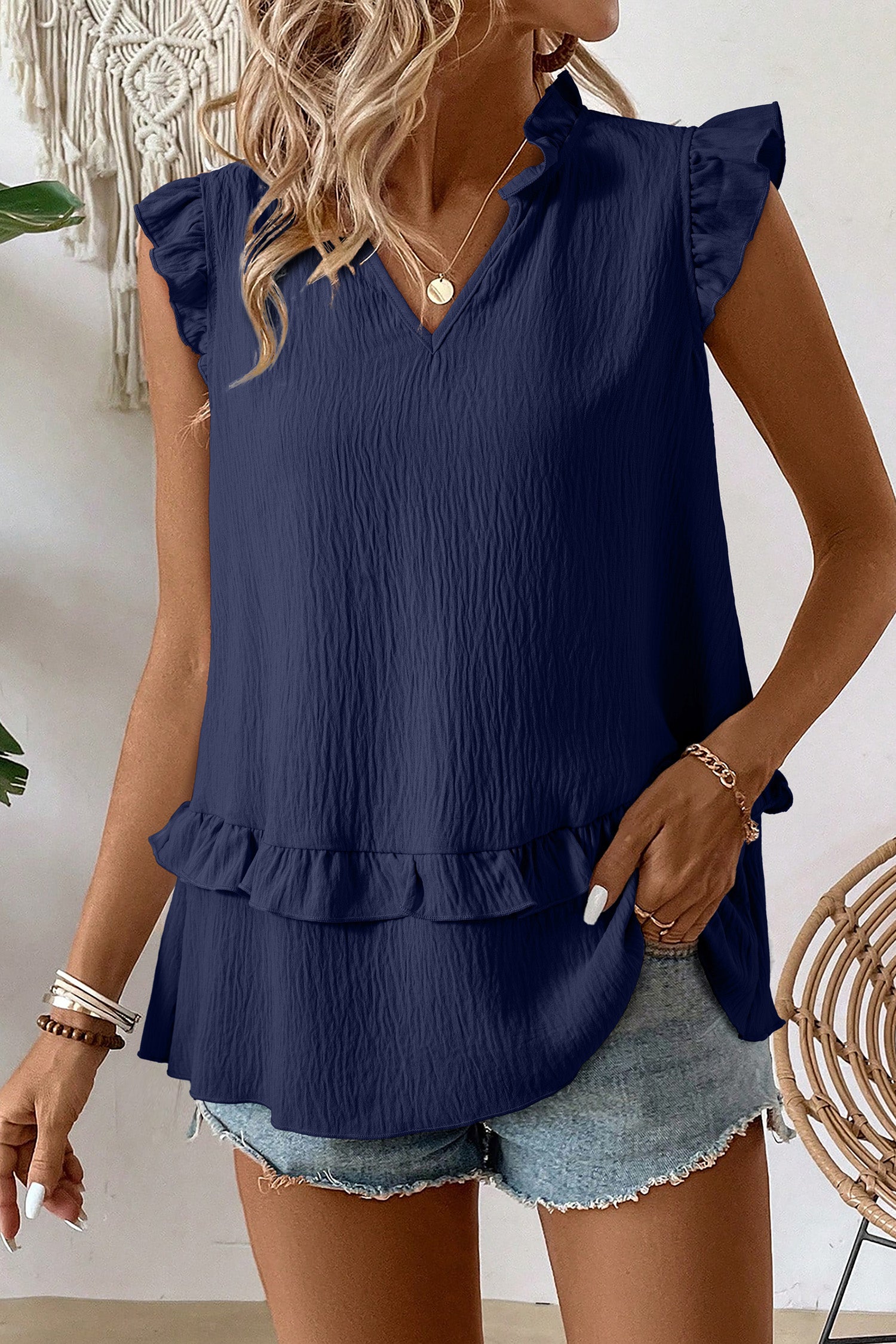 Four Leaf Clover Notched V Neck Ruffle Detail Tank Top