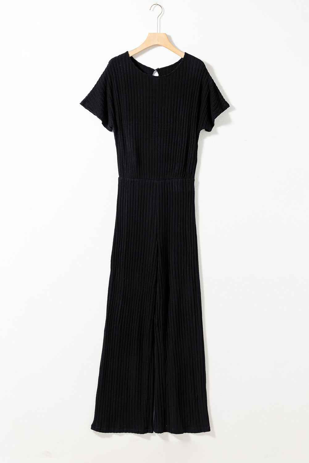Black Ribbed Keyhole Short Sleeve Wide Leg Jumpsuit