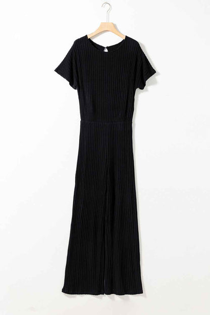 Black Ribbed Keyhole Short Sleeve Wide Leg Jumpsuit