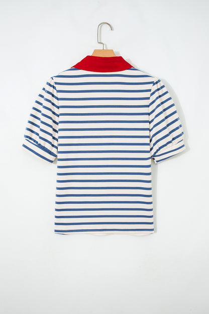 Blue Stripe Short Puff Sleeve Color Block Polo Collar Blouse