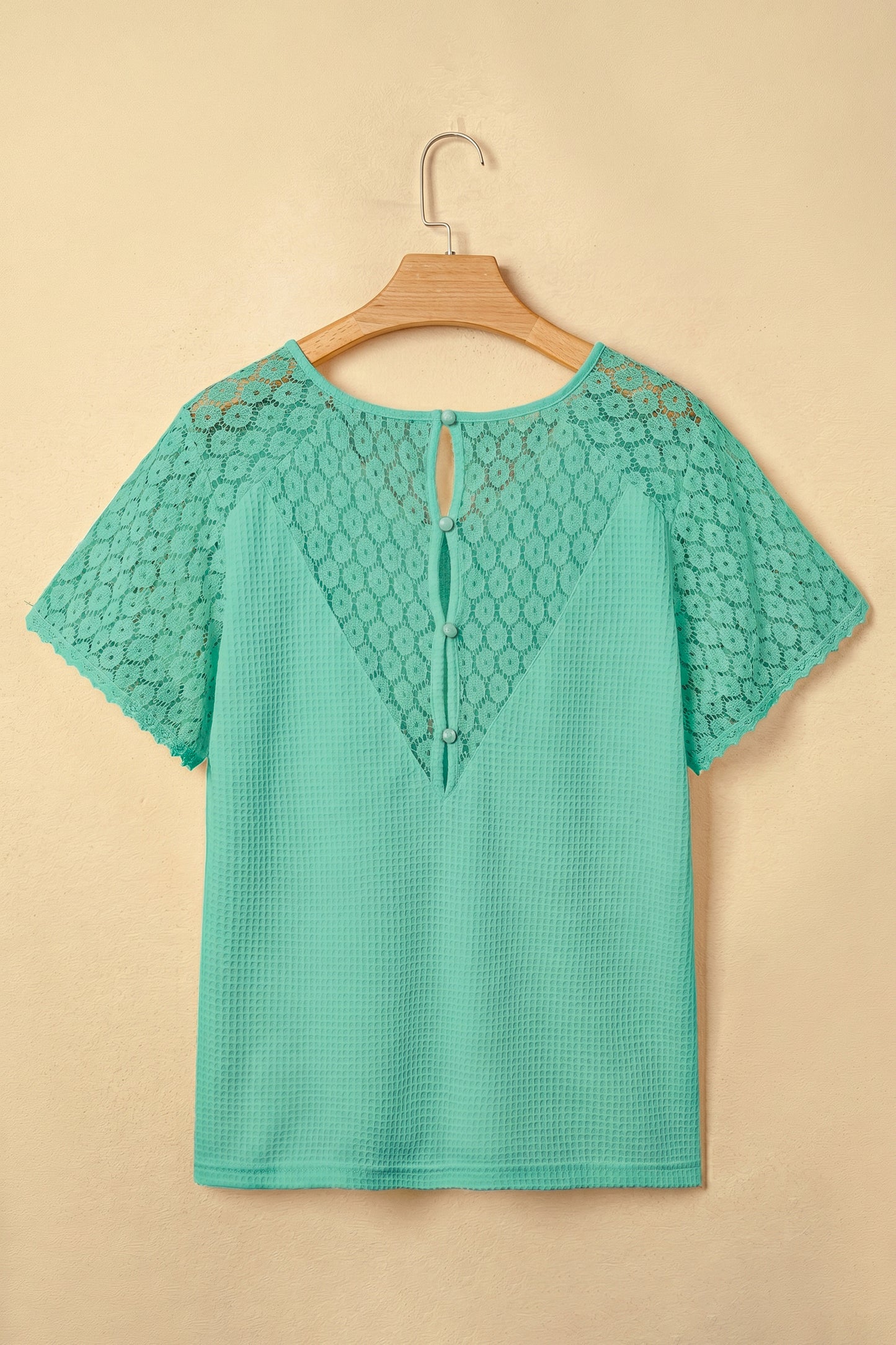 Pink Lace Splicing Button Cutout V Neck Waffle Knit Blouse