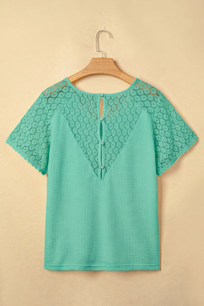 Pink Lace Splicing Button Cutout V Neck Waffle Knit Blouse